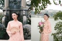 Hoa khôi bóng chuyền Nguyệt Anh diện áo dài rất xinh đẹp chào đón năm mới 