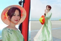 Diệp Lâm Anh khoe nhan sắc rạng rỡ trong tà áo dài đi lễ chùa