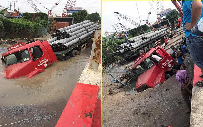 Video: "Hố tử thần" nuốt chửng đầu xe container ở Hà Nội