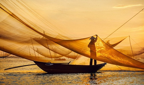 Người đàn ông Việt Nam đánh cá vào sáng sớm và đem bán vào buổi chiều.