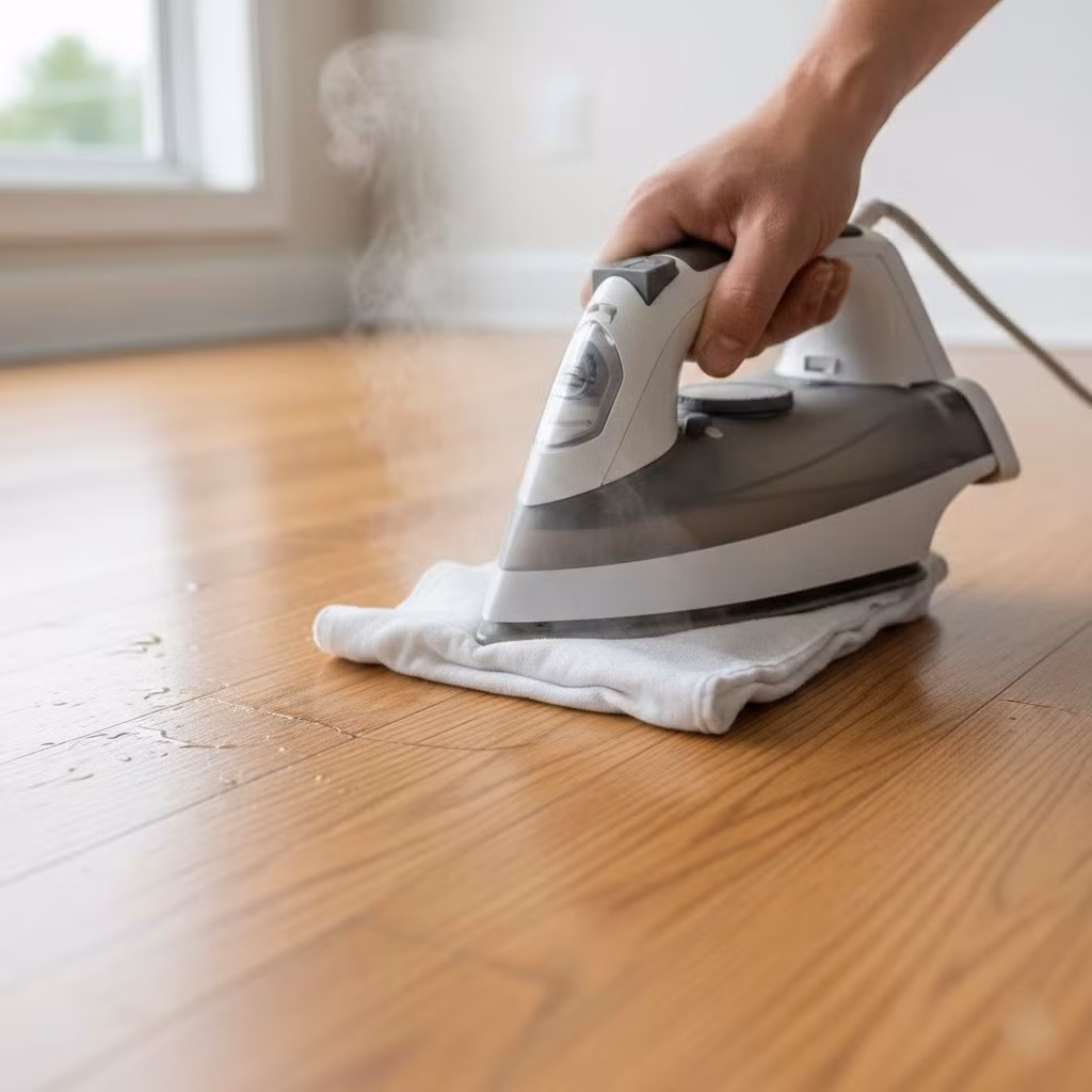 Đặt một chiếc khăn ẩm lên vị trí bị xước hoặc lõm, sau đó dùng bàn ủi nóng di chuyển nhẹ nhàng phía trên. Hơi nước sẽ giúp gỗ nở ra, làm phẳng các vết lõm nhẹ. Cần thao tác cẩn thận để tránh làm hỏng lớp phủ bề mặt.