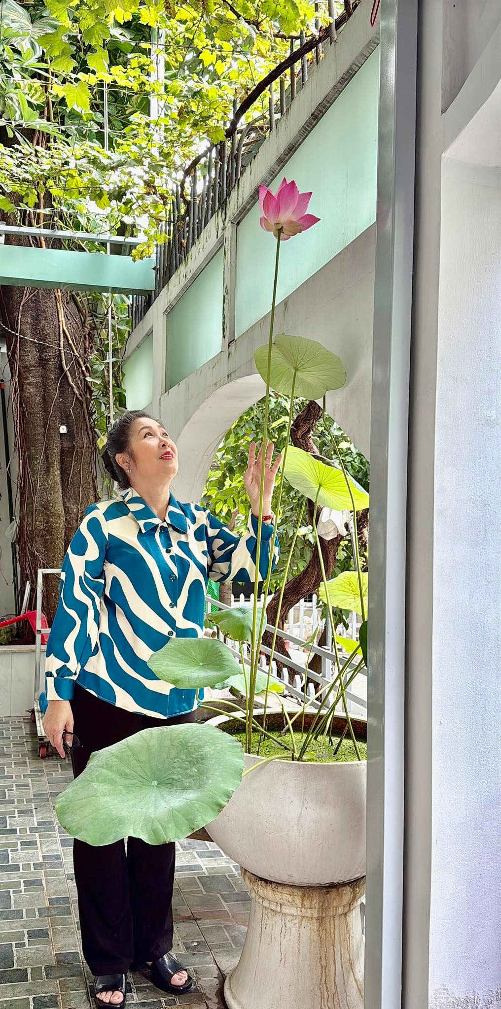 NSND Hồng Vân khoe khoảnh vườn nhỏ ngát hương sen trong căn biệt thự tại TP HCM. Ảnh: FB Hồng Vân