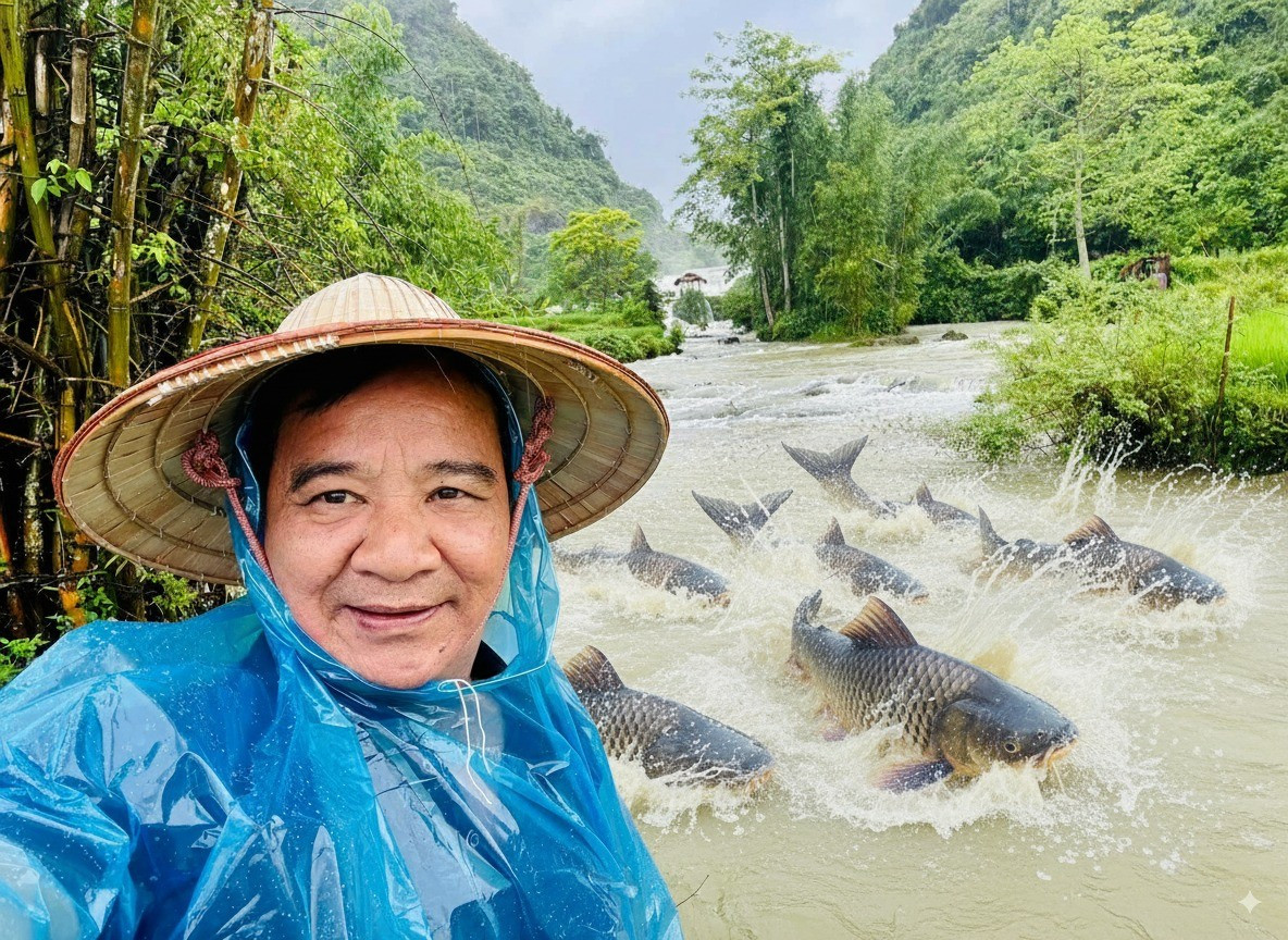 NSƯT Quang Tèo khoe ảnh đi trải nghiệm suối cá. Hình ảnh những chú cá tung tăng bơi lội được tạo bởi AI khiến khán giả thích thú. Ảnh: FB Quang Tèo