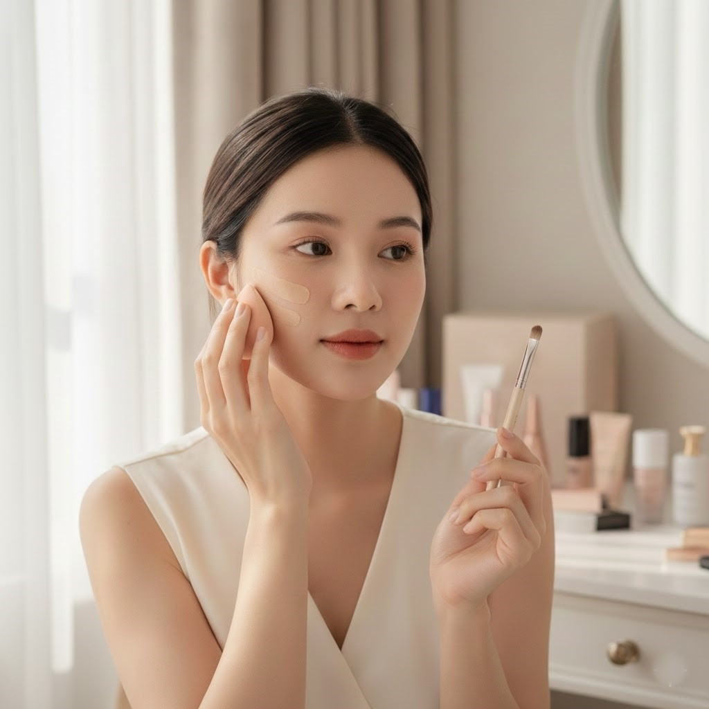 Thay vì đánh một lớp nền dày, bạn nên chia thành nhiều lớp mỏng. Sử dụng mút hoặc cọ hơi ẩm để tán đều, giúp nền tiệp vào da tự nhiên và bền màu hơn.