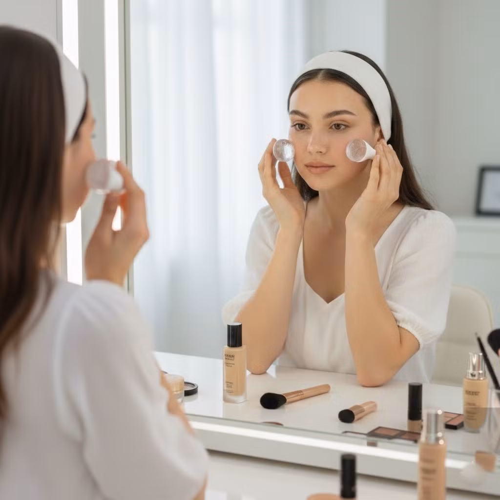 Chườm đá lạnh trước khi makeup giúp se khít lỗ chân lông, làm dịu da và giảm tiết dầu. Đây là mẹo nhỏ nhưng rất hiệu quả, đặc biệt vào mùa hè, giúp lớp nền bám chặt và lâu trôi hơn.
