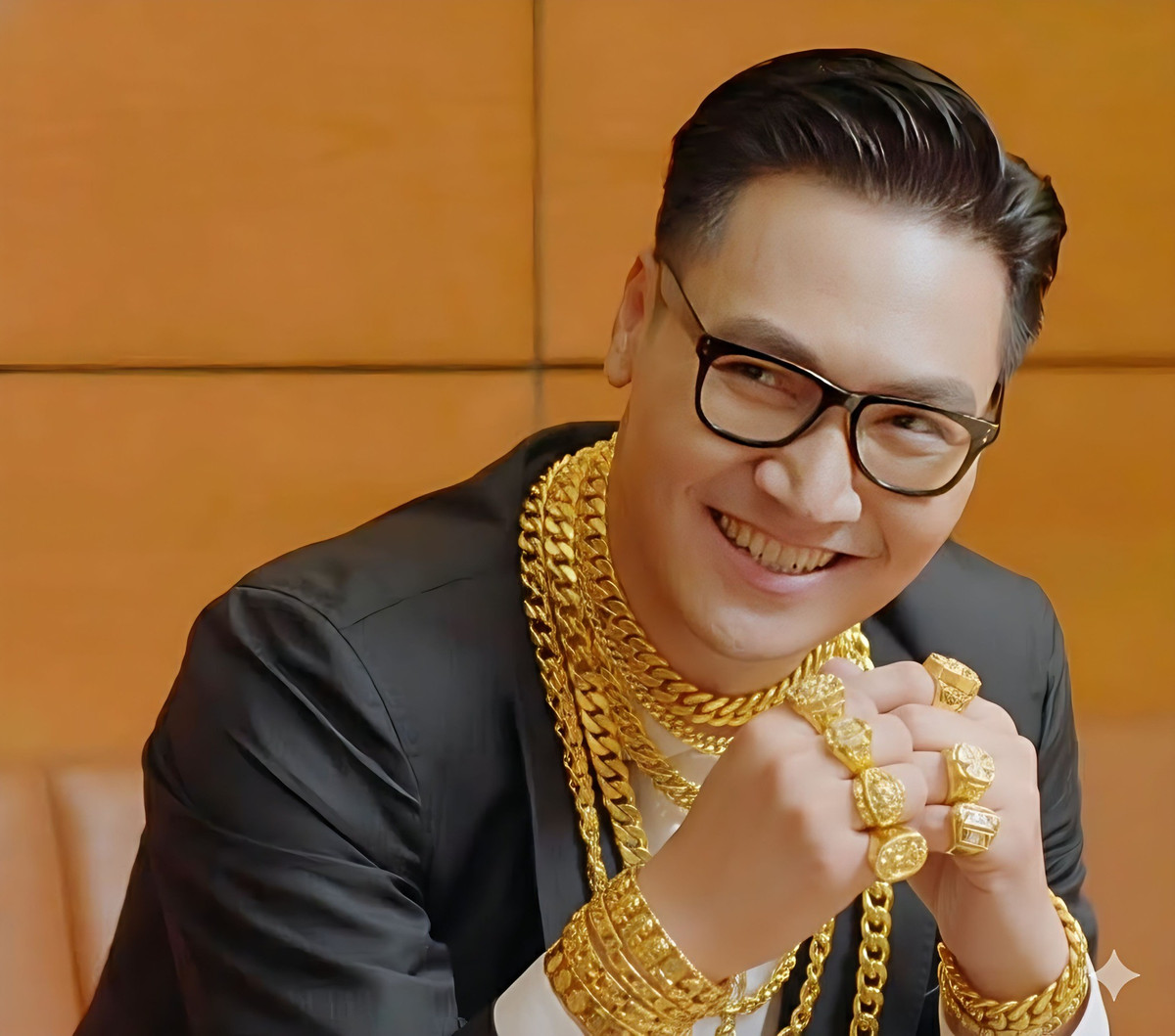 Diễn viên Mạnh Trường hài hước chia sẻ ảnh photoshop vàng đeo kín người và viết "tầm này có đeo nhiều vàng là có giá". Ảnh: FB Nguyễn Quốc Trường