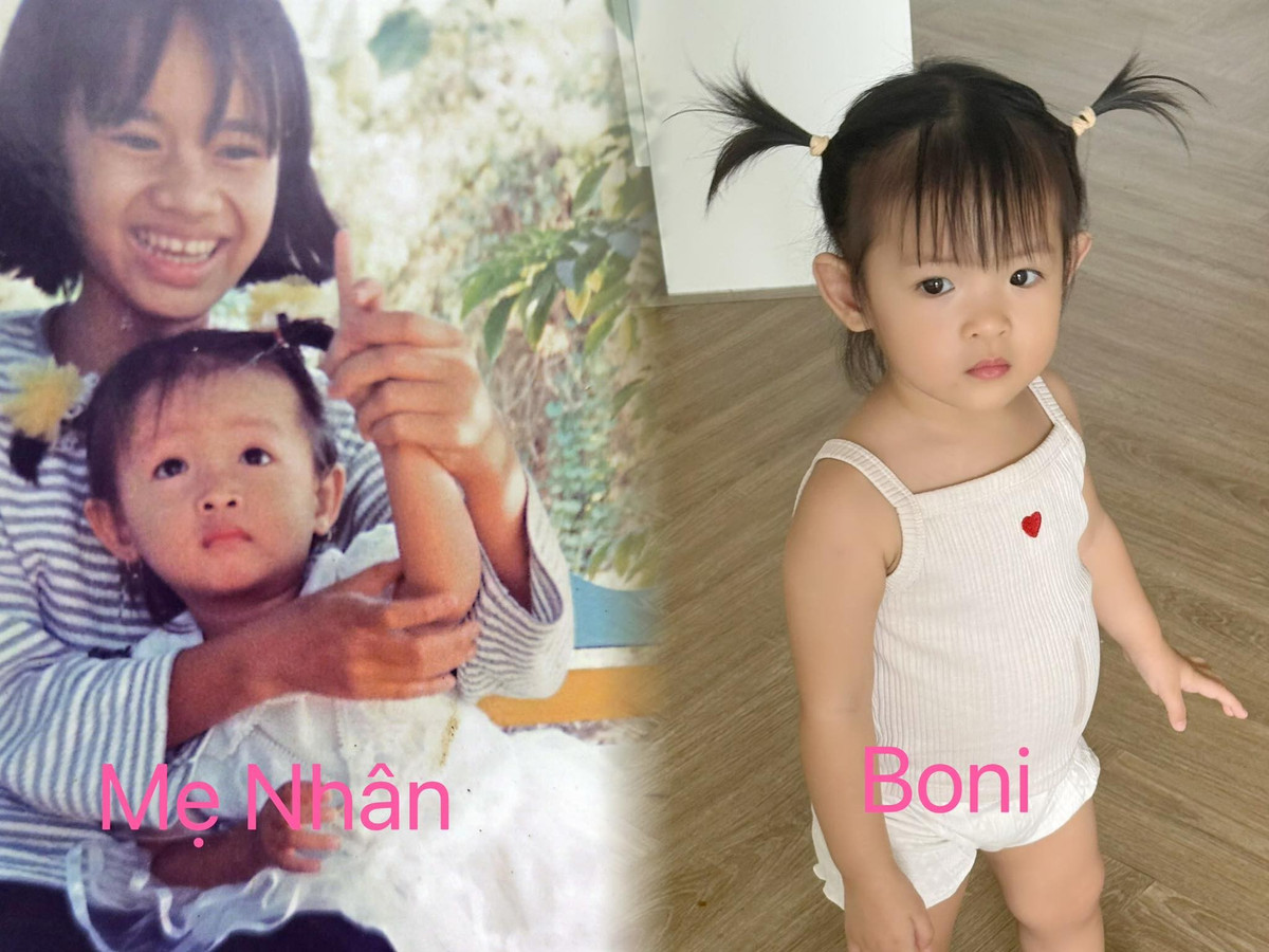 Trương Mỹ Nhân chia sẻ khoảnh khắc so sánh hình ảnh thời thơ ấu của mình với con gái nhỏ Boni. Ảnh: FB Trương Mỹ Nhân