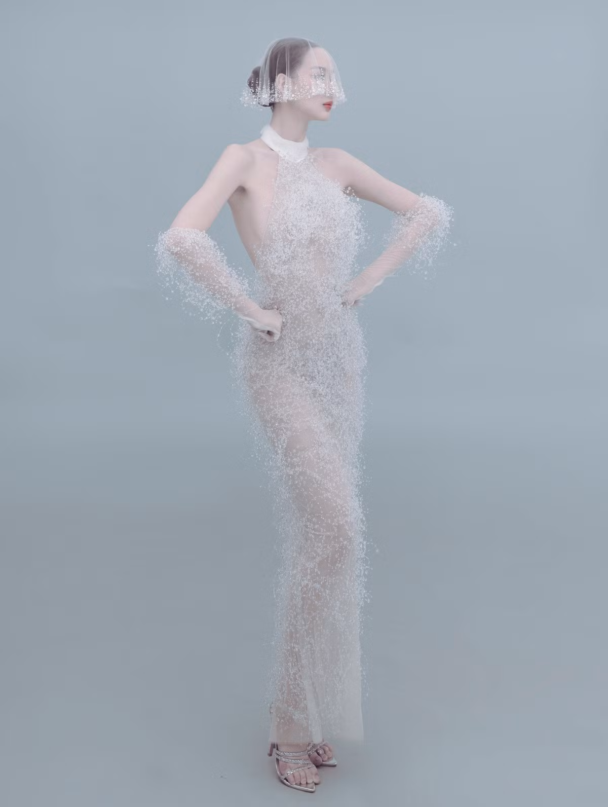 Người đẹp khoác lên mình bộ đầm xuyên thấu đầy nghệ thuật, tuy không hở bạo nhưng vẫn đủ sức tôn lên vẻ đẹp mong manh, thanh tú. Ảnh: FB Lê Nguyễn Bảo Ngọc