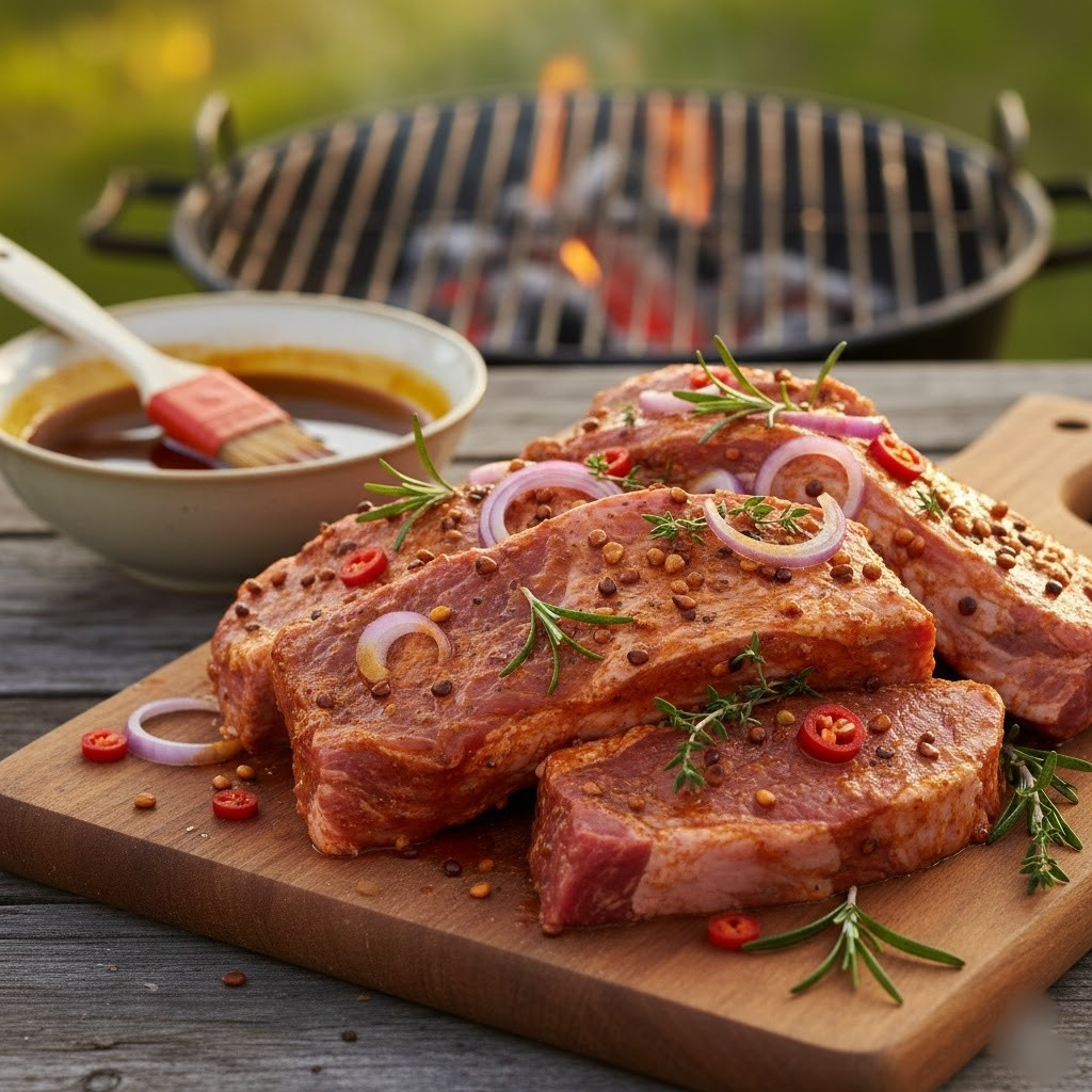 Ướp thịt nướng dầu điều: Gồm 1 muỗng dầu điều, 1 muỗng dầu hào, 1 muỗng nước mắm, chút đường và hành tím băm. Giúp thịt có màu đỏ cam tự nhiên, đẹp mắt và hấp dẫn.