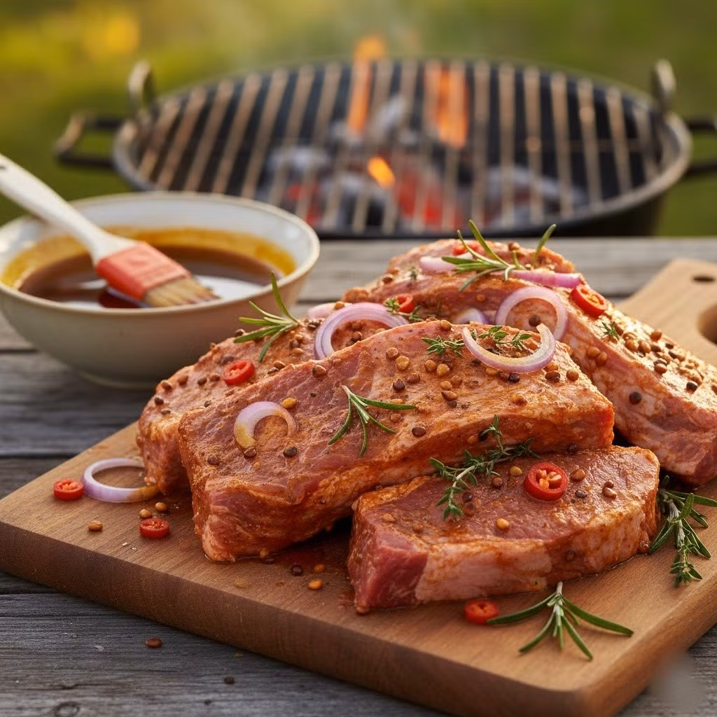 Ướp thịt nướng dầu điều: Gồm 1 muỗng dầu điều, 1 muỗng dầu hào, 1 muỗng nước mắm, chút đường và hành tím băm. Giúp thịt có màu đỏ cam tự nhiên, đẹp mắt và hấp dẫn.