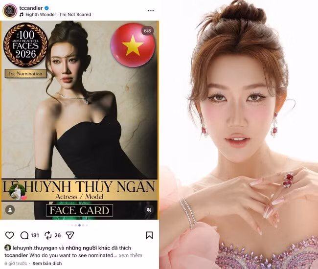 Mới đây, fanpage chính thức của TC Candler tiếp tục công bố danh sách đề cử cho Top 100 gương mặt đẹp nhất thế giới 2026. Sau hot girl Khánh Huyền và Ninh Dương Lan Ngọc, Lê Huỳnh Thúy Ngân là mỹ nhân Việt tiếp theo góp mặt trong danh sách này.