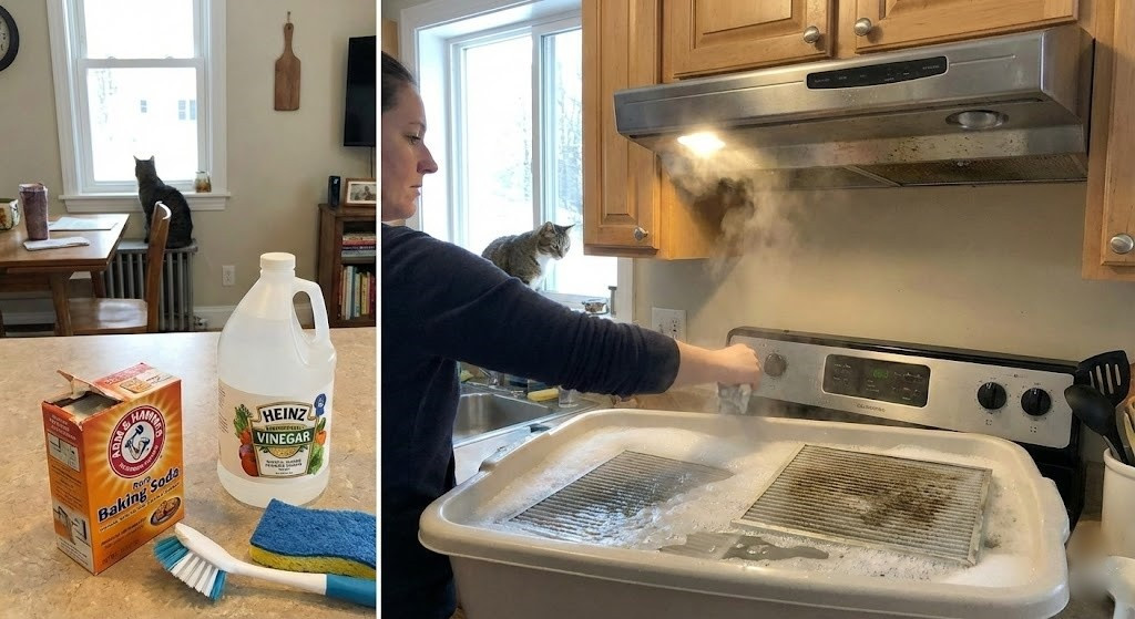 Ngâm nước nóng, baking soda và giấm để đạt hiệu quả cao nhất. Đây được xem là phương pháp làm sạch “thần thánh” cho lưới lọc máy hút mùi. Cách làm: Tháo lưới lọc ra khỏi máy, đặt vào chậu lớn. Đổ nước đun sôi ngập lưới, thêm 300ml giấm trắng, 5 muỗng baking soda và một ít nước rửa chén. Ngâm trong 1–2 tiếng hoặc để qua đêm. Sau đó dùng bàn chải mềm chà nhẹ, rửa lại bằng nước sạch và để khô. Dầu mỡ lâu ngày sẽ bong ra đáng kể mà không cần cọ mạnh.