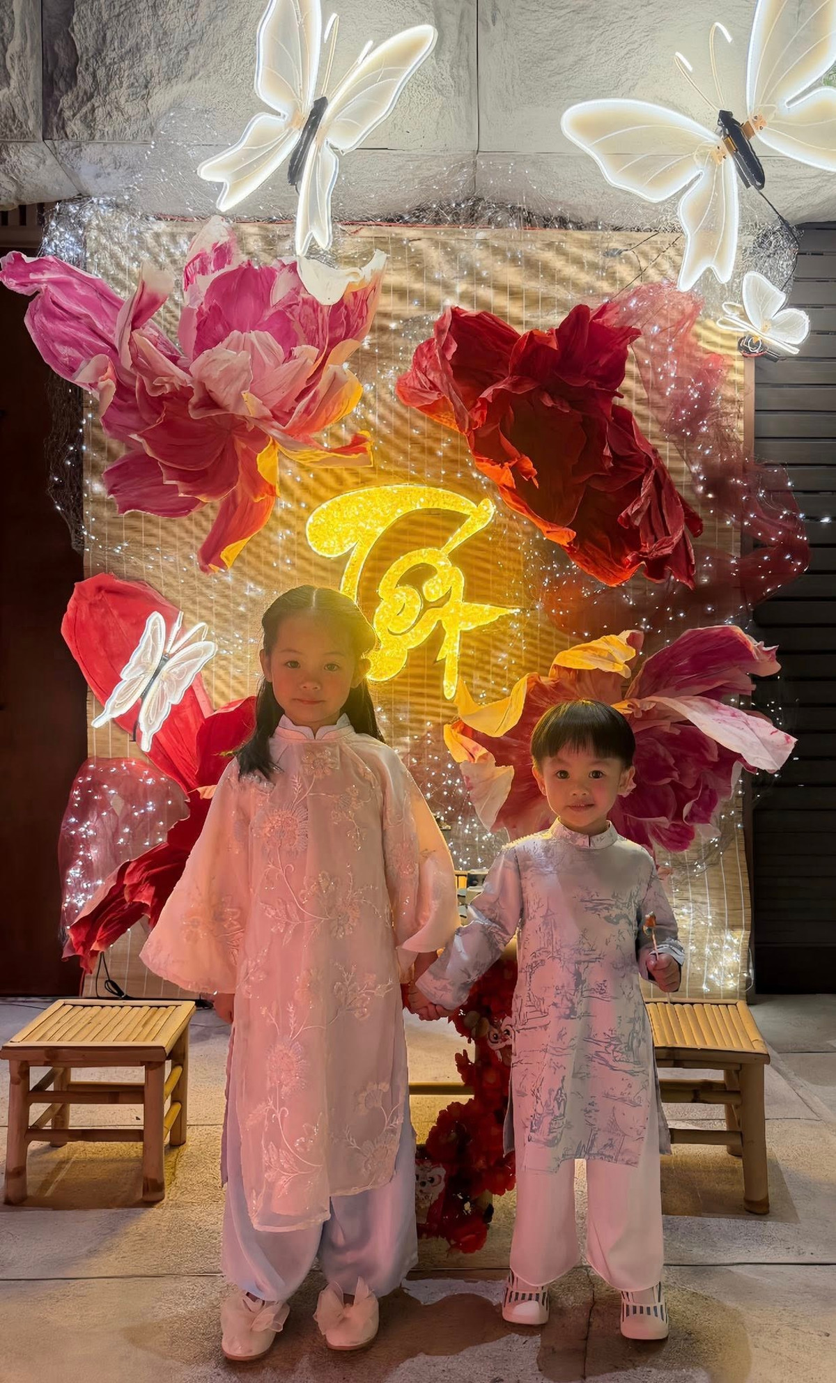 Mới đây, Đàm Thu Trang khiến người hâm mộ thích thú khi chia sẻ loạt ảnh Tết của hai con Suchin và Sutin.