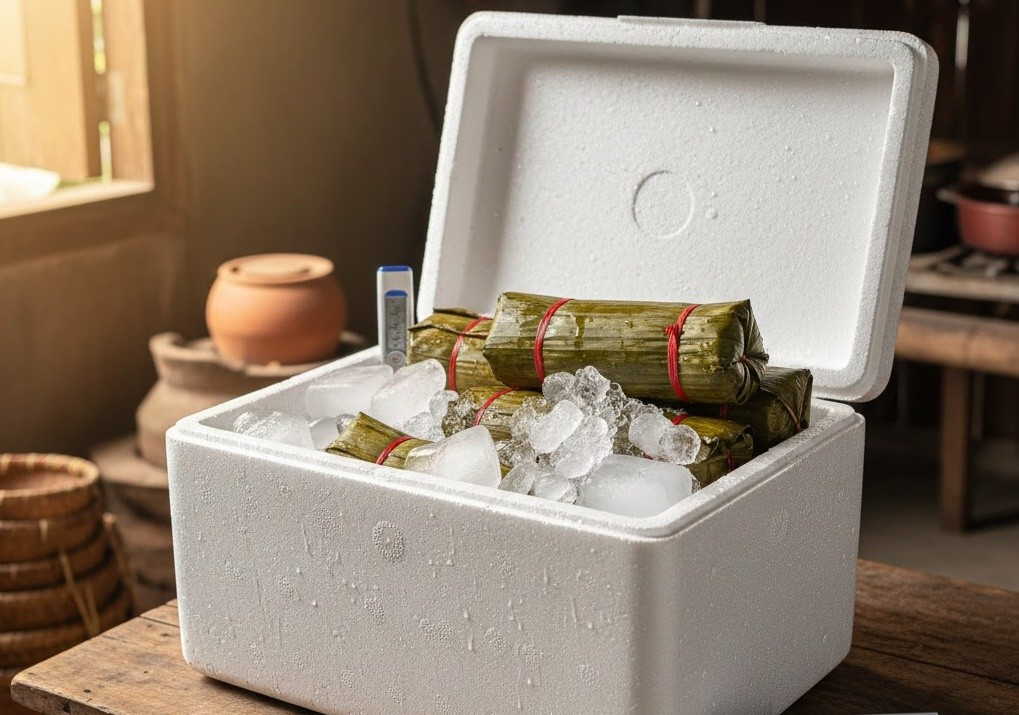 Trong trường hợp không có tủ lạnh, bạn có thể bọc kín chả, đặt vào hộp kín rồi cho vào thùng xốp chứa đá tảng. Cách này giúp giữ giò tươi trong khoảng 3 – 4 ngày.