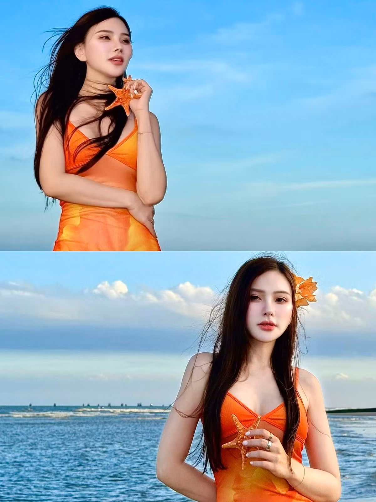 Dưới ánh hoàng hôn nhẹ nhàng, khung cảnh biển và sắc cam của bộ váy càng tôn lên vẻ đẹp mặn mà, rạng rỡ của Thu Thuỷ. Ảnh: FB Nguyễn Thu Thuỷ