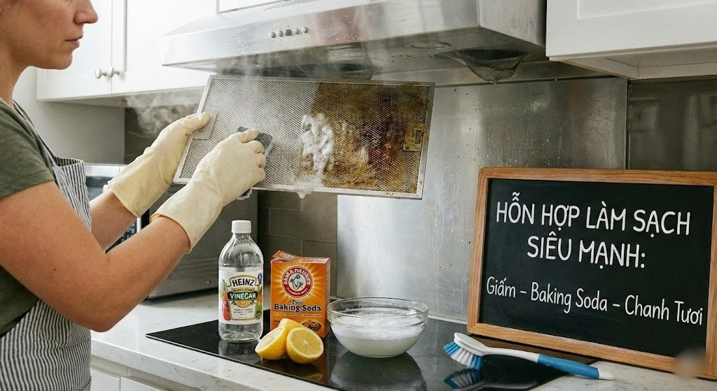 Làm sạch bằng hỗn hợp giấm – baking soda – chanh tươi giúp đánh bay mùi hôi và dầu mỡ cứng đầu. Cách làm: Trộn giấm, baking soda và nước cốt chanh thành hỗn hợp sệt. Thoa lên bề mặt máy hút mùi hoặc lưới lọc. Để yên khoảng 20–30 phút, sau đó dùng khăn ẩm lau lại. Bề mặt sẽ sạch sáng và thơm mát hơn rõ rệt.