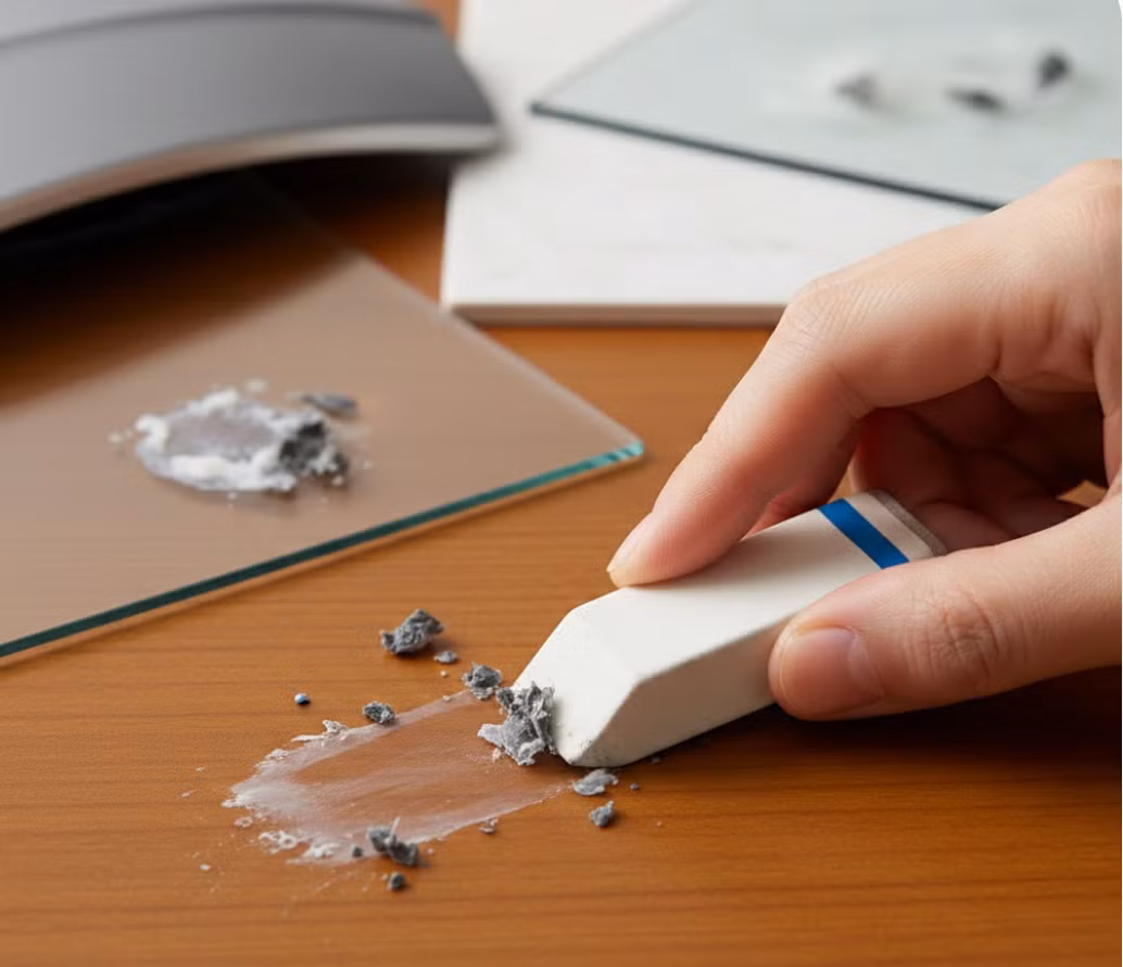 Đối với những vết keo nhỏ, mỏng trên bề mặt phẳng, bạn có thể dùng gôm tẩy bút chì. Chà nhẹ gôm lên khu vực dính keo, lực ma sát sẽ giúp lớp keo cuộn lại và bong ra. Phương pháp này đơn giản nhưng hiệu quả với nhựa cứng hoặc bề mặt kim loại nhẵn.