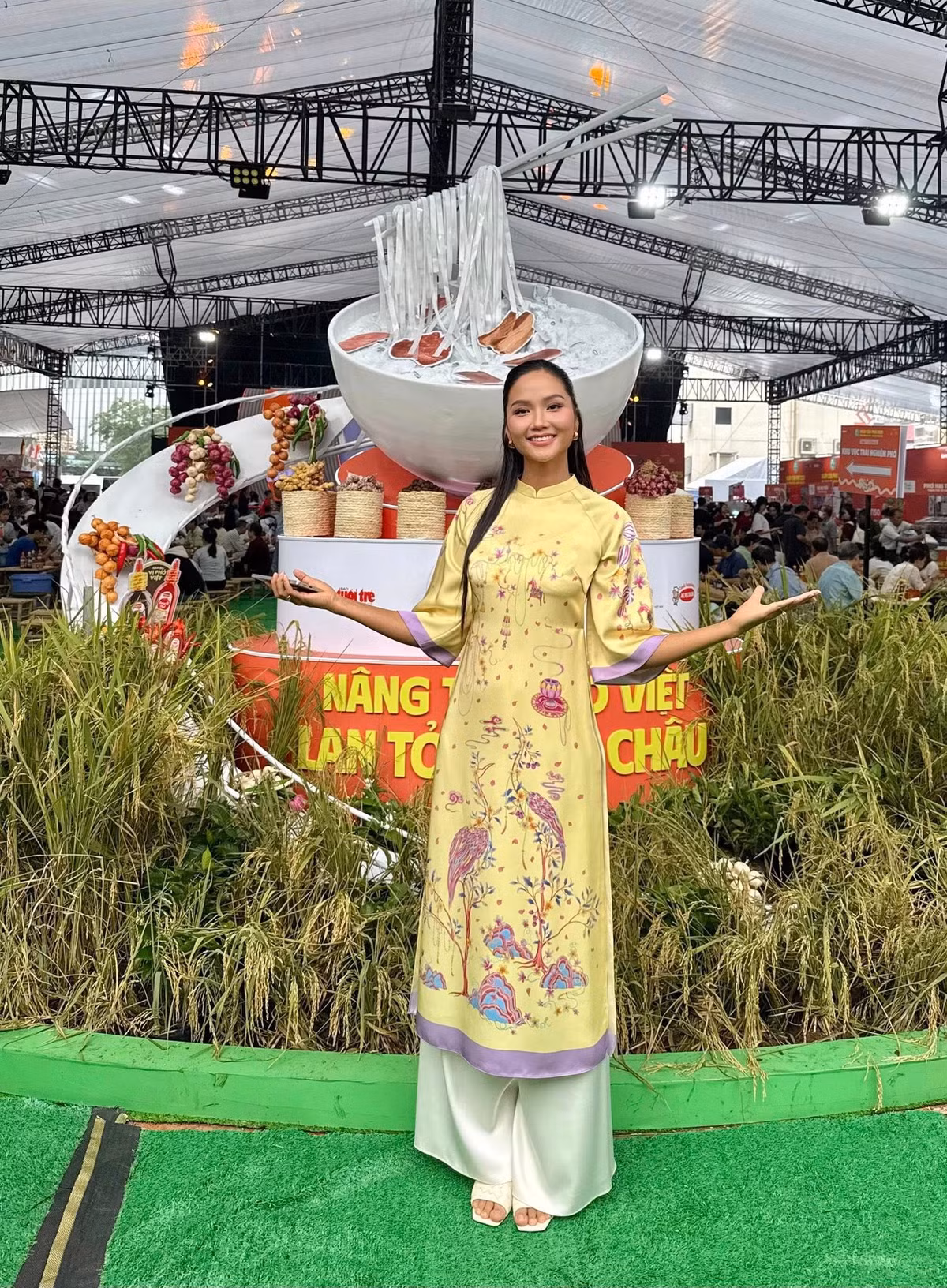 Hoa hậu H'Hen Niê đẹp nền nã trong tà áo dài ở một sự kiện. Ảnh: FB H'Hen Niê