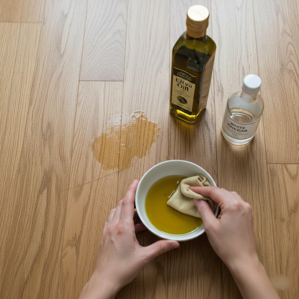 Trộn dầu olive và giấm theo tỷ lệ 1:1, thoa hỗn hợp lên vết xước và để yên khoảng 10–15 phút. Sau đó lau lại bằng khăn mềm. Hỗn hợp này giúp làm mờ các vết trầy nhẹ, đồng thời tăng độ bóng tự nhiên cho sàn gỗ.