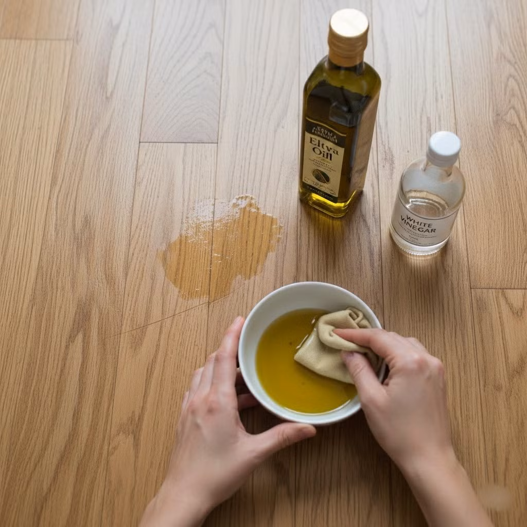 Trộn dầu olive và giấm theo tỷ lệ 1:1, thoa hỗn hợp lên vết xước và để yên khoảng 10–15 phút. Sau đó lau lại bằng khăn mềm. Hỗn hợp này giúp làm mờ các vết trầy nhẹ, đồng thời tăng độ bóng tự nhiên cho sàn gỗ.