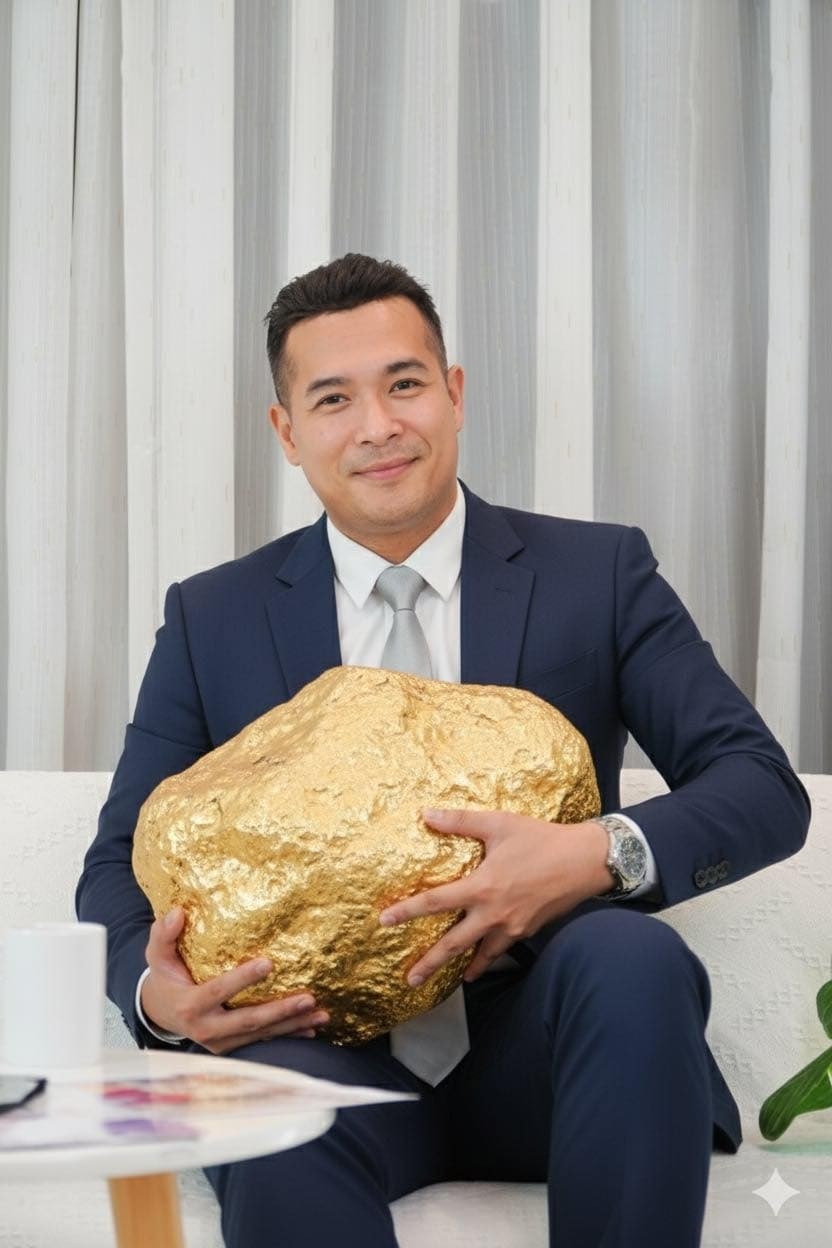 Diễn viên Trương Thế Vinh ôm mô hình khối vàng, hài hước chia sẻ rằng anh “đã đủ vốn để cưới vợ”. Ảnh: FB Trương Thế Vinh