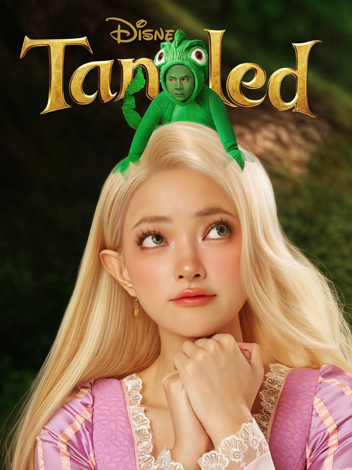 Nhân dịp Halloween, Châu Bùi và Binz chọn hình tượng công chúa Rapunzel cùng tắc kè Pascal để hóa thân. Ảnh: FB Chau Bui