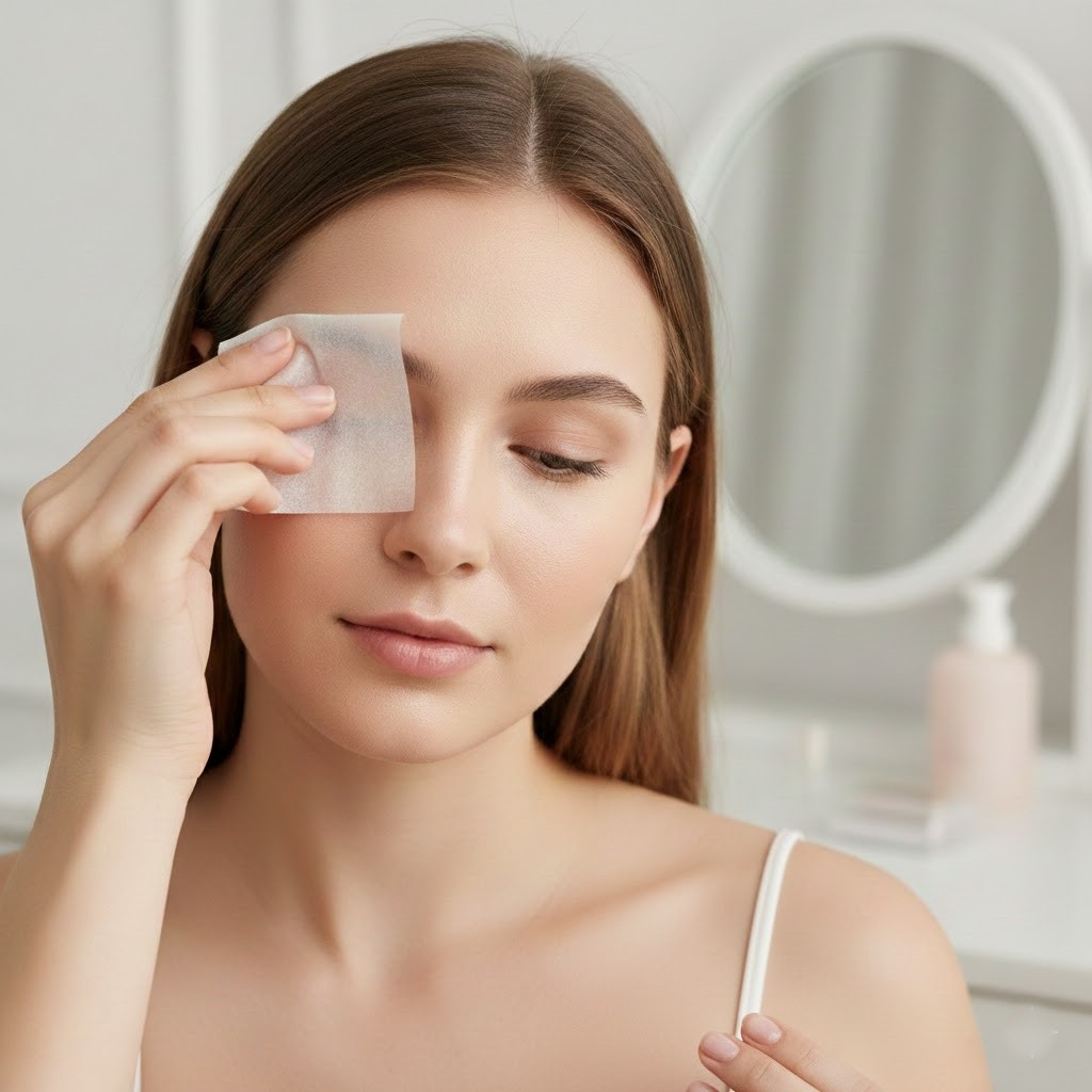 Trong ngày, nếu da tiết dầu, hãy dùng giấy thấm dầu thấm nhẹ nhàng thay vì dặm thêm phấn liên tục. Cách này giúp kiểm soát dầu mà không làm hỏng hay dày lớp nền.