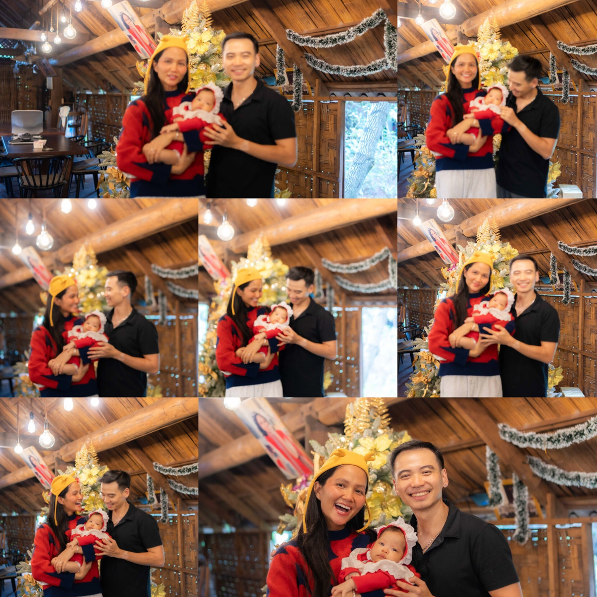 Hoa hậu H'Hen trang trí cây thông ở quê nhà, cùng ông xã Tuấn Khôi thực hiện bộ ảnh mừng Giáng sinh cho con gái. Ảnh: FB H'Hen Niê