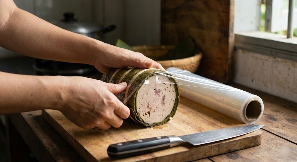 Màng bọc thực phẩm là giải pháp nhanh gọn. Bọc nhiều lớp kín phần mặt cắt để hạn chế không khí tiếp xúc, ngăn giò bị khô và nhiễm khuẩn. Sau đó bảo quản trong ngăn mát để duy trì độ mềm và độ thơm.