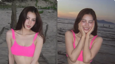 Tiểu Vy diện hai mảnh màu hồng nổi bật, khoe dáng gợi cảm