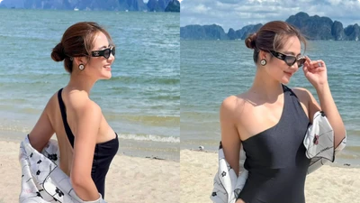 Huyền Lizzie tuổi 35 táo bạo với áo tắm khoét hông cao 