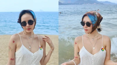 Phương Linh khoe thềm ngực gợi cảm trên bãi biển Nha Trang