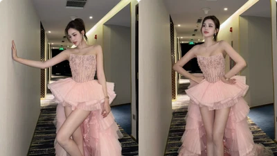 Đỗ Thị Hà khoe chân dài 1,11m với váy hồng siêu ngắn 