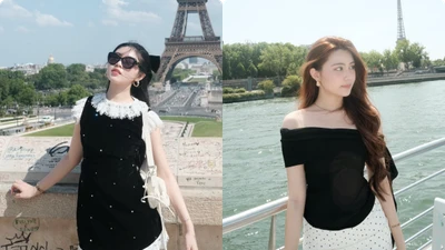 Con gái Quyền Linh thả dáng bên tháp Eiffel lần đầu đến Pháp