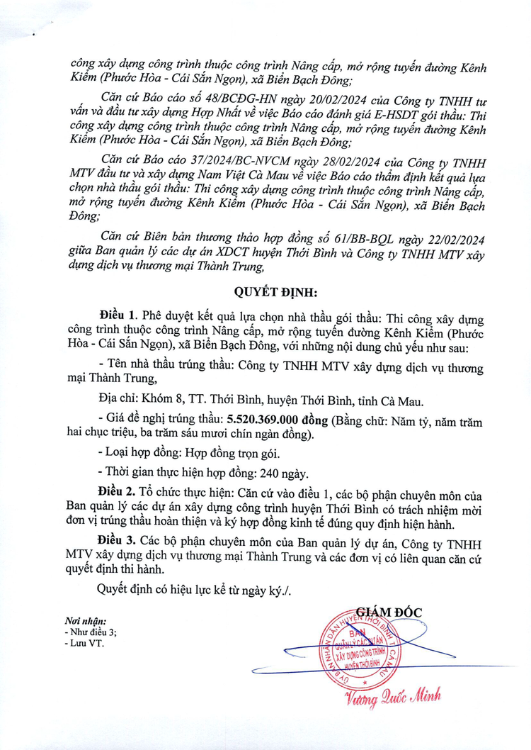 Một phần Quyết định phê duyệt số 157/QĐ-BQL ngày 29/02/2024 do ông Vương Quốc Minh – Giám đốc Ban Quản lý các Dự án Xây dựng Công trình huyện Thới Bình, ký ban hành. Nguồn: MSC b1.png