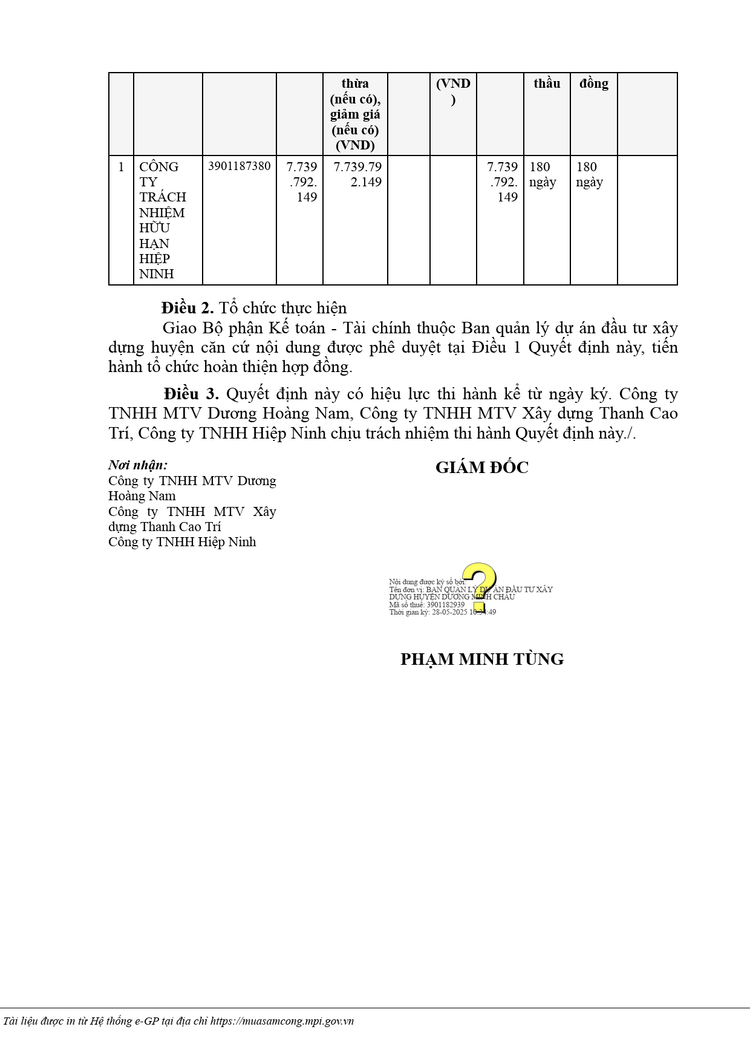 Công ty TNHH Hiệp Ninh là nhà thầu duy nhất dự thầu và trúng thầu Gói thầu Xây lắp (XD + ATGT) thuộc Dự án Đường Dương Minh Châu (Giai đoạn 2). Nguồn MSC kq1.png