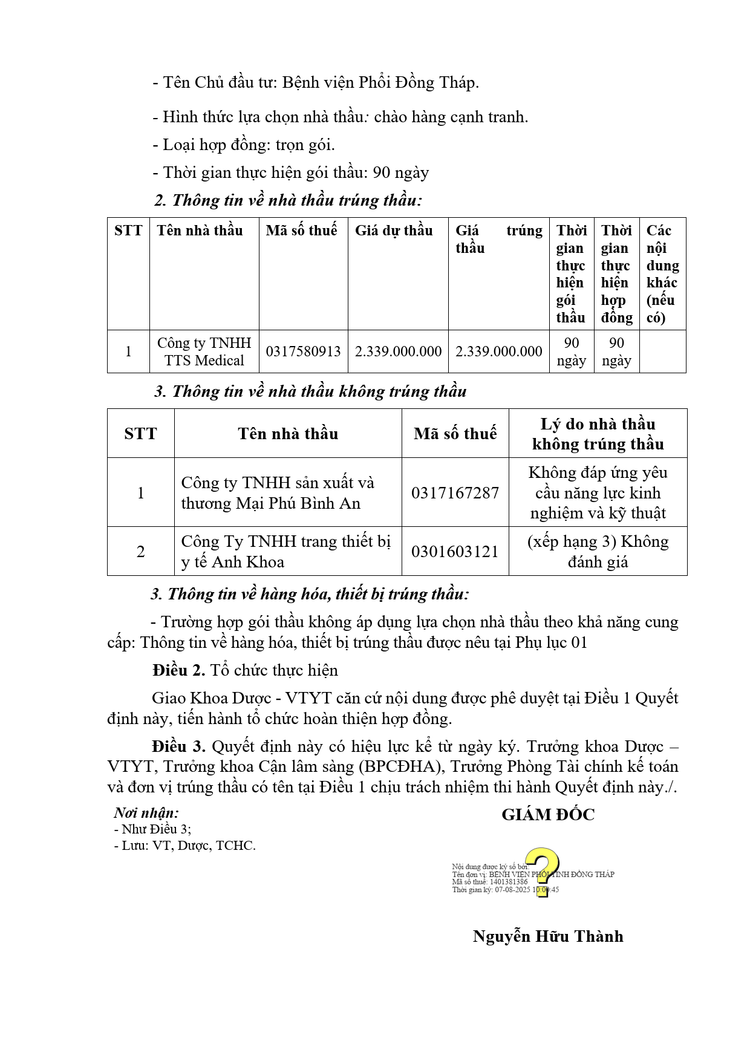 Một phần quyết định số 120/QĐ-BVP do ông Nguyễn Hữu Thành, Giám đốc Bệnh viện Phổi Đồng Tháp ký phê duyệt. kq1.png