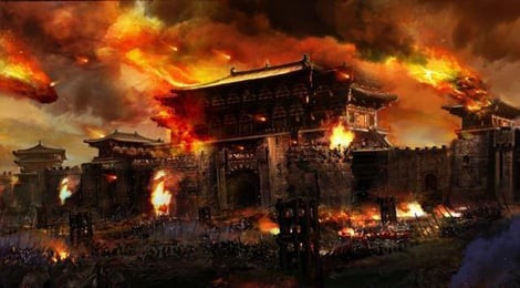 Tranh vẽ nhiều phủ đệ bị cháy do dư chấn vụ nổ Vương Cung Xưởng. Ảnh nguồn: Samim.io. Tranh vẽ nhiều phủ đệ bị cháy do dư chấn vụ nổ Vương Cung Xưởng. Ảnh nguồn: Samim.io.