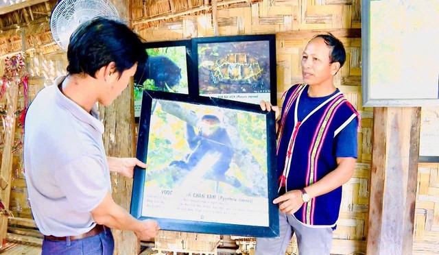 Ông Djung (bìa phải; xã Ayun, huyện Mang Yang) làm hướng dẫn viên du lịch giới thiệu cho cho du khách tại nhà rông truyền thống của làng. Ảnh: Kim Ngân Ông Djung (bìa phải; xã Ayun, huyện Mang Yang) làm hướng dẫn viên du lịch giới thiệu cho cho du khách tại nhà rông truyền thống của làng. Ảnh: Kim Ngân