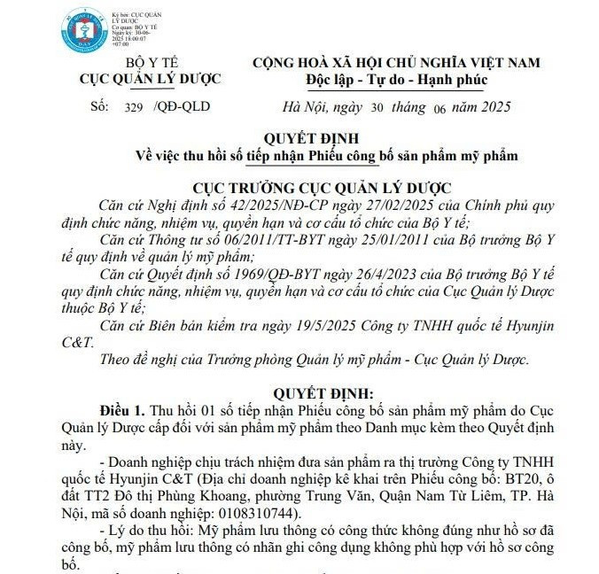 Cục Quản lý Dược (Bộ Y tế) đã ban hành Quyết định 329/QĐ-QLD về việc thu hồi số tiếp nhận Phiếu công bố sản phẩm mỹ phẩm - Ảnh chụp màn hình. 22222.jpg