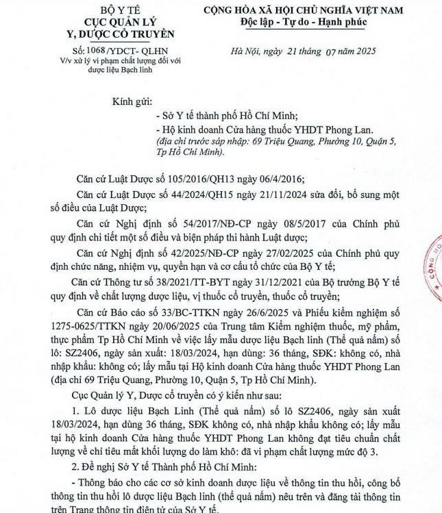 Công vân của Cục Quản lý Y, Dược cổ truyền về xử lý vi phạm chất lượng đối với dược liệu Bạch Linh/Ảnh chụp màn hình 1-1208.jpg