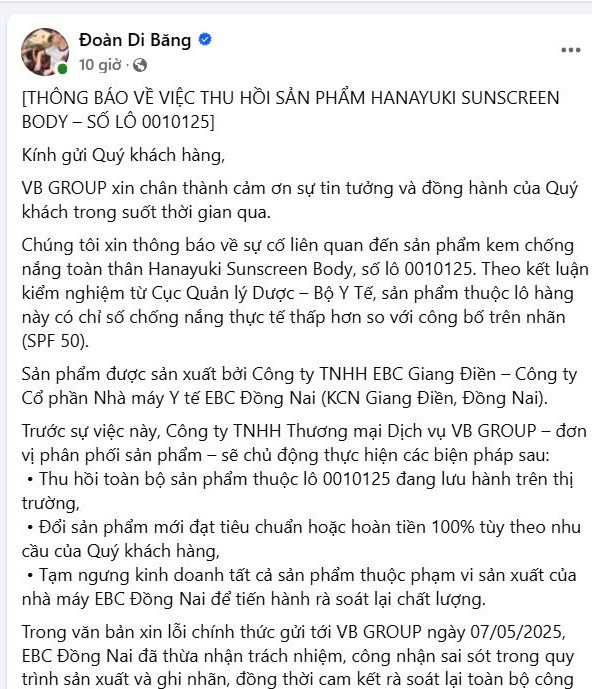 Nội dung thông báo được Đoàn Di Băng đăng trên trang Facebook cá nhân. 1-7250.jpg