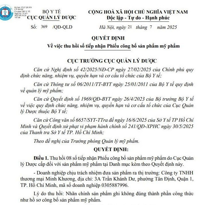 Quyết định thu hồi của Cục Quản lý Dược/ Ảnh chụp màn hình 1-2996.jpg