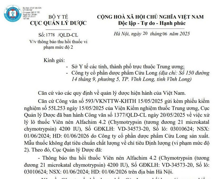 Quyết định thu hồi của Cục Quản lý Dược/Ảnh chụp màn hình 1.jpg