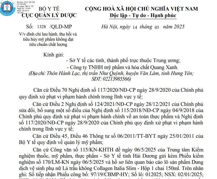 Quyết định đình chỉ lưu hành, thu hồi, tiêu hủy mỹ phẩm vi phạm đối với Công ty TNHH mỹ phẩm và hóa chất Quang Xanh. (Ảnh chụp màn hình) 1-8793.jpg