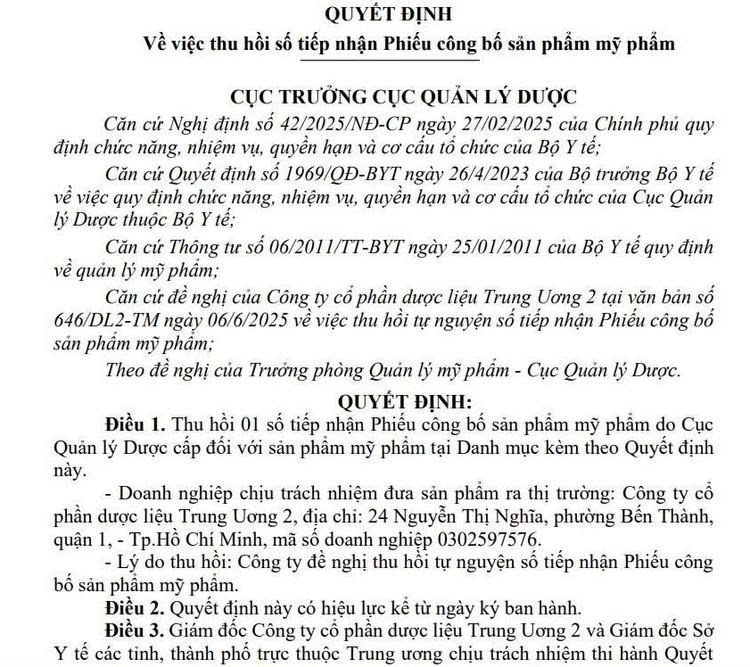 Quyết định số 309/QĐ-QLD ngày 24/6/2025 của Cục Quản lý Dược về việc thu hồi số tiếp nhận Phiếu công bố sản phẩm mỹ phẩm đối với Công ty cổ phần dược liệu Trung Ương 2. 111.jpg
