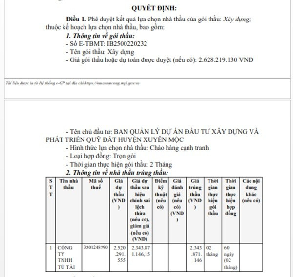 Một phần trong Quyết định phê duyệt KQLCNT Gói thầu xây dựng, thuộc dự án Sửa chữa, nâng cấp các tuyến đường GTNT và mương thoát nước tổ 6 ấp Trang Hoàng, Trang Trí, Trang Định xã Bông Trang. (Nguồn MSC) tutai-2.jpg