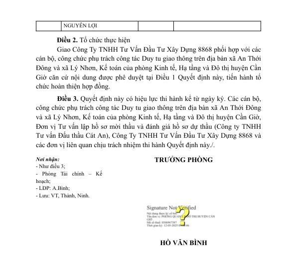 Ngày 12/5/2025, ông Hồ Văn Bình - Trưởng phòng Phòng Kinh tế, Hạ tầng và Đô thị huyện Cần Giờ đã phê duyệt cho Công ty TNHH Tư vấn Đầu tư Xây dựng 8868 trúng thầu với giá hơn 3,89 tỷ đồng thực hiện trong 75 ngày. Nguồn: MSC 48.jpg