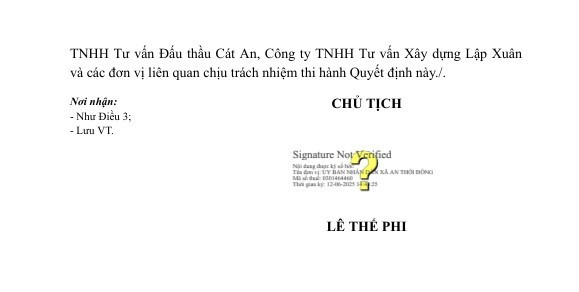 Ông Lê Thế Phi - Chủ tịch UBND xã An Thới Đông đã ký Quyết định KQ2500232339_2506121438 Công ty TNHH Tư vấn Đầu tư Xây dựng Kiến Gia Hưng trúng gói thầu thi công xây dựng hơn 2,38 tỷ đồng thực hiện trong 120 ngày. Nguồn: MSC 26.jpg