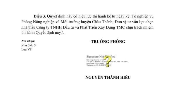 Ngày 09/06/2025, ông Nguyễn Thành Hiếu - Trưởng phòng Phòng Nông nghiệp và Môi trường huyện Châu Thành đã phê duyệt Quyết định KQ2500219913_2506091701 Công ty CP Xây dựng Công trình Nhâm Đức Hưng trúng gói thầu thi công xây dựng với giá hơn 4,42 tỷ đồng. Nguồn: MSC 13.jpg
